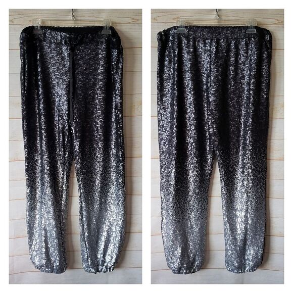 Johnny Was Sequin Black Silver Simona Jogger Dress Pants Gathered Waist Large - Picture 6 of 15